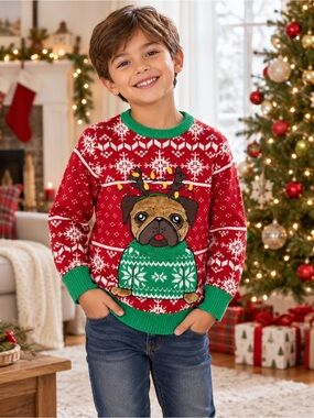 Kids Red & Green Holiday Pug Sweater